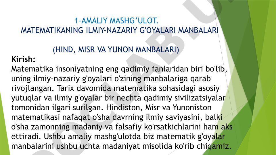 Matematikaning ilmiy-nazariy g'oyalari manbalari (Hind, Misr va Yunon manbalari)