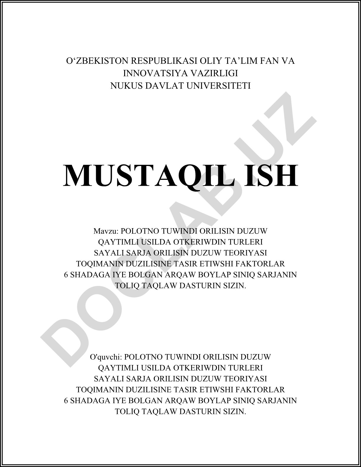 Polotno tuwindi orilisnin duzuw nazariyasi va qaytimli usilda o'tkeriwdin turlari