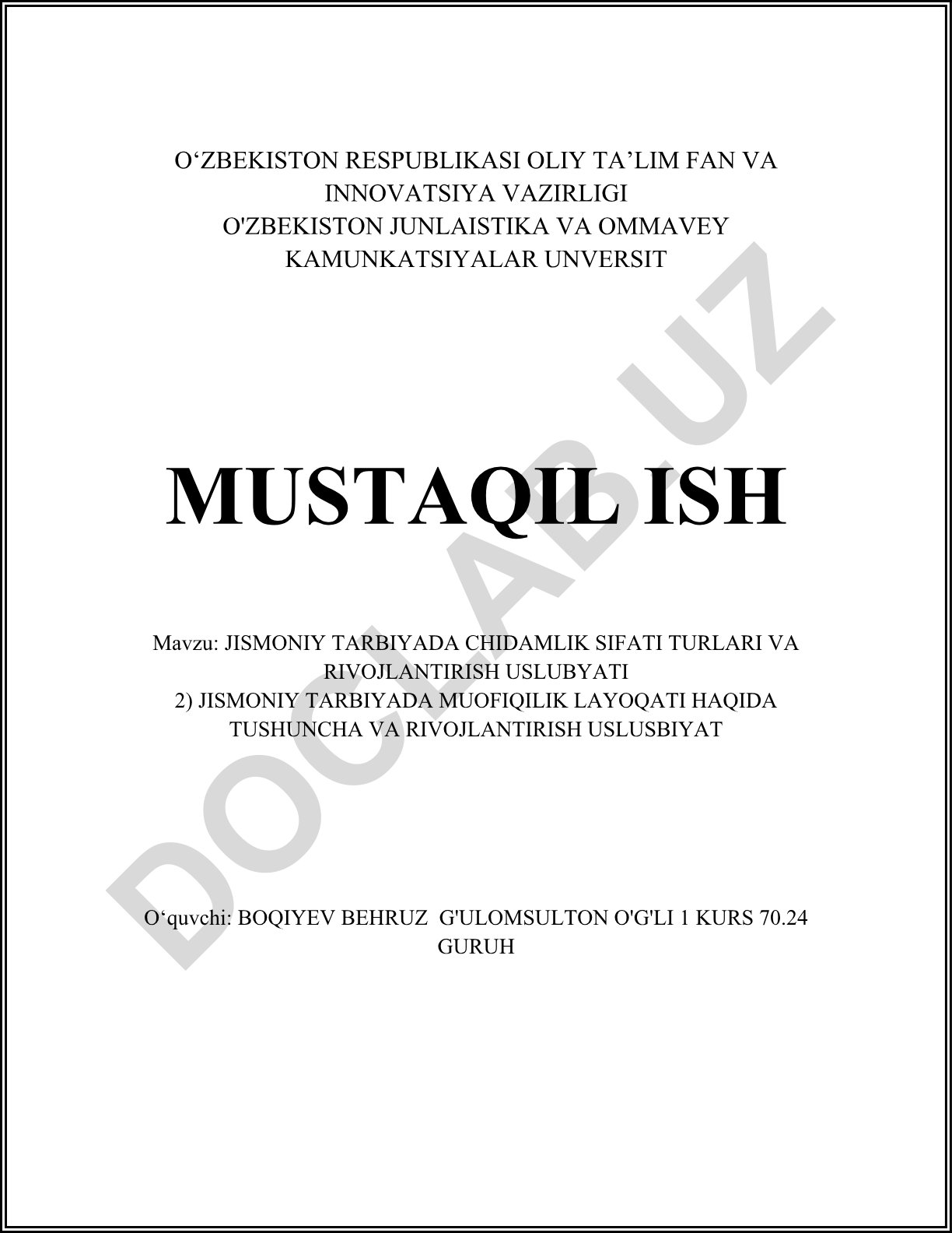 Jismoniy tarbiyada chidamlik sifatlari turlari va rivojlantirish uslubiyati