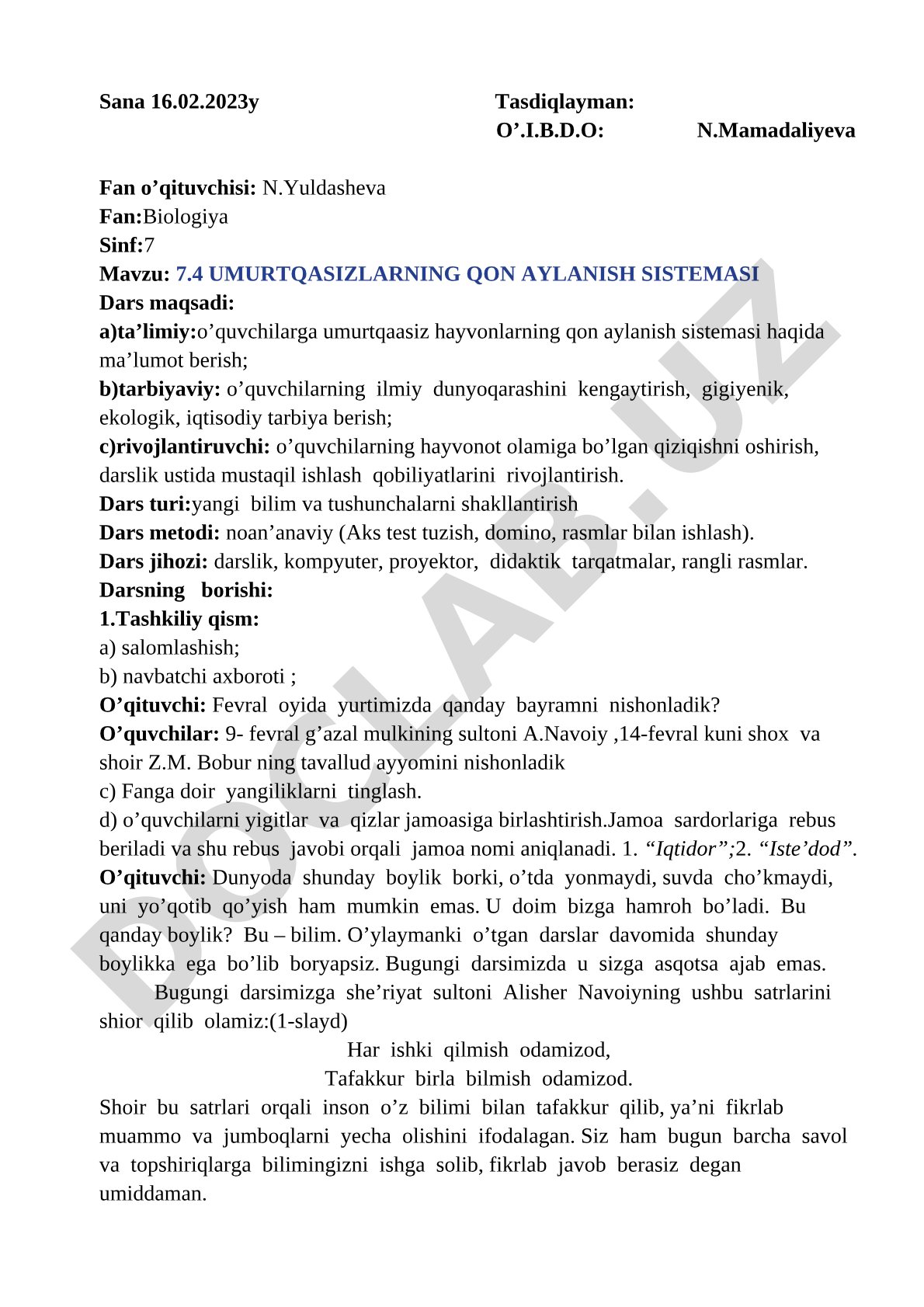 7.4 UMURTQASIZLARNING QON AYLANISH SISTEMASI