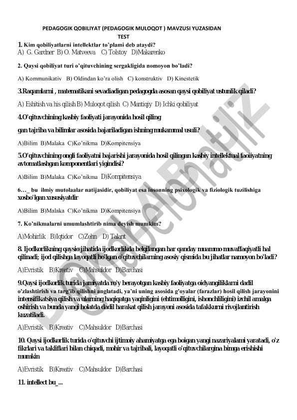 Pedagogik qobiliyat va pedagogik muloqot test savollari