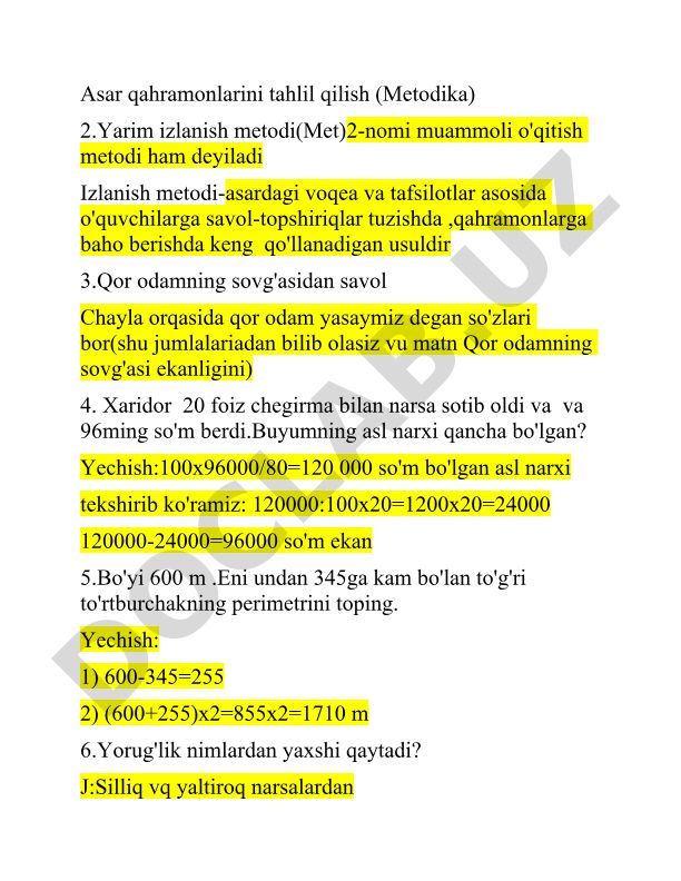 Asar qahramonlarini tahlil qilish metodikasi va matematik masalalar