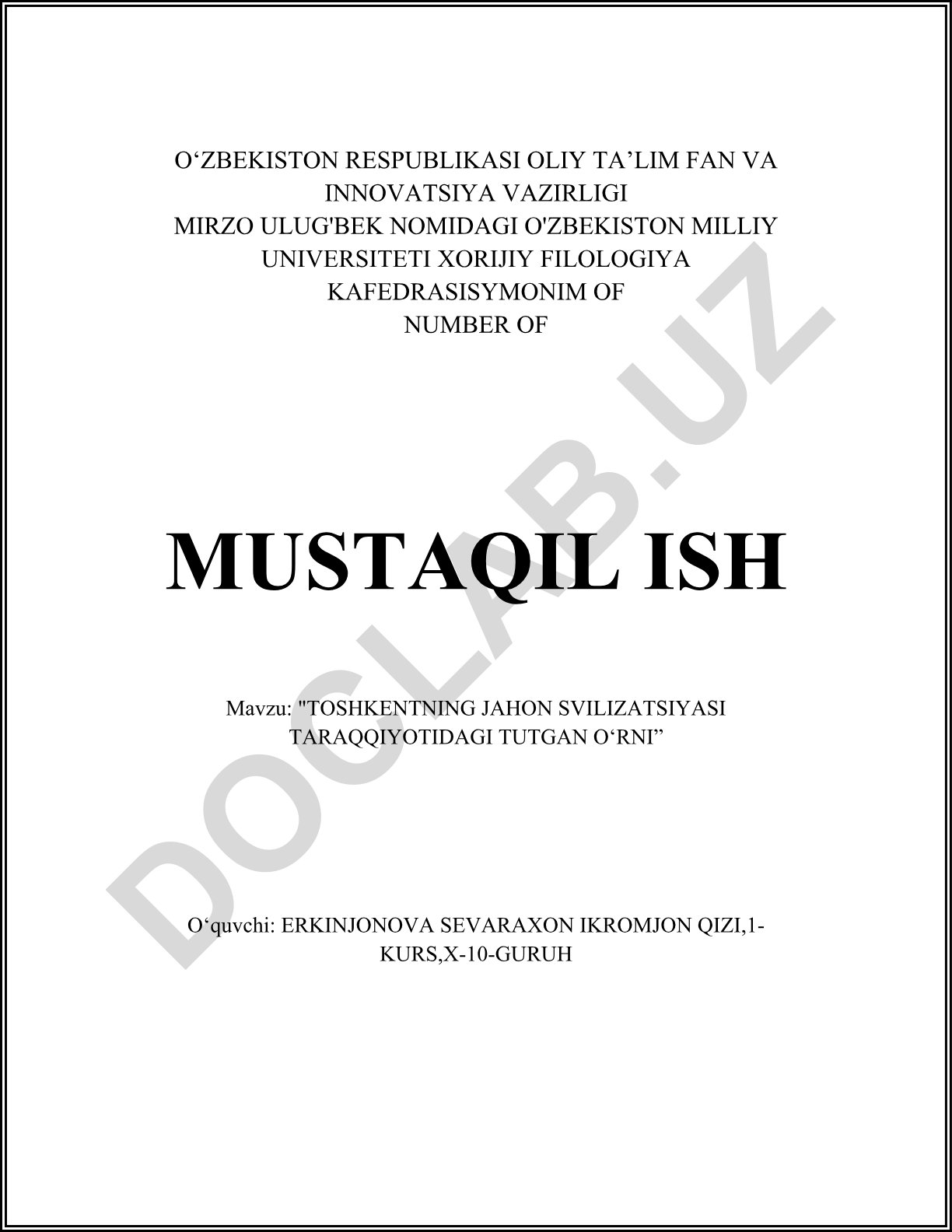 Toshkentning jahon sivilizatsiyasi taraqqiyotidagi tutgan o‘rni