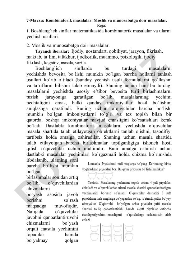 Kombinatorik masalalar va moslik-munosabat masalalari