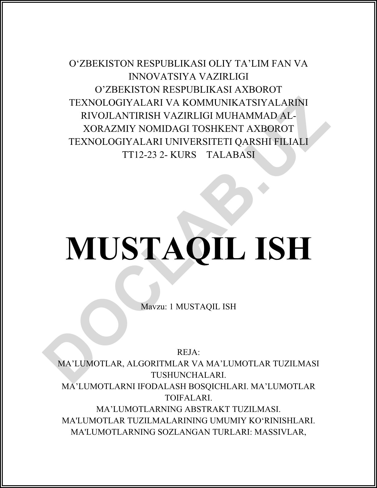 Ma'lumotlar, algoritmlar va ma'lumotlar tuzilmasi tushunchalari