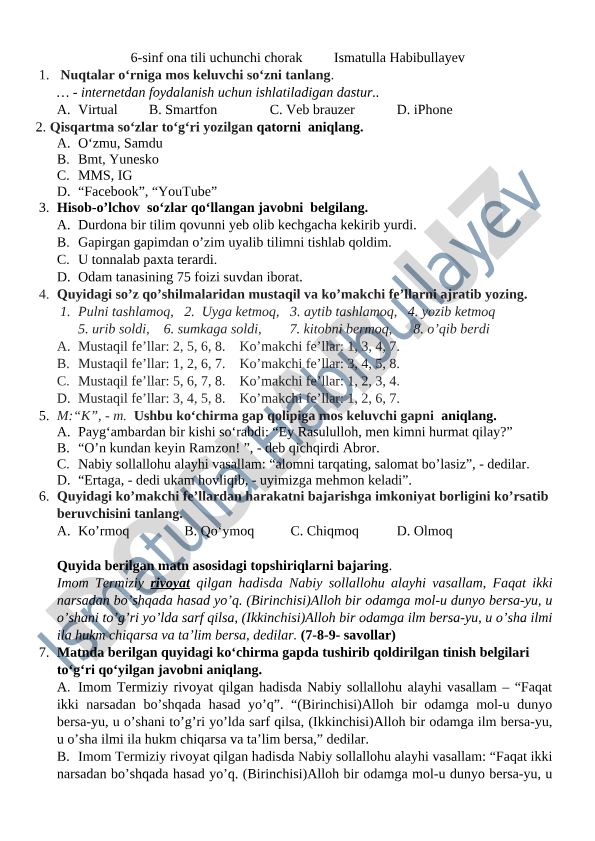 6-sinf ona tili fanidan test savollari