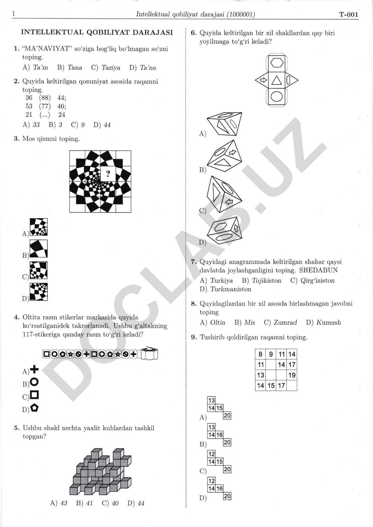 Intellektual qobiliyat darajasi test savollari
