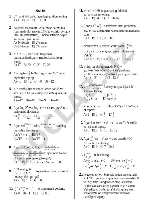 Matematika test savollari va masalalari