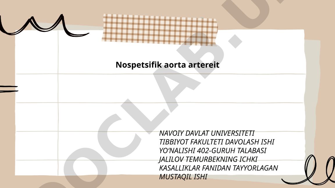 Nospetsifik aorta artereit: taʼrif, tasnif, epidemiologiya va patogenez