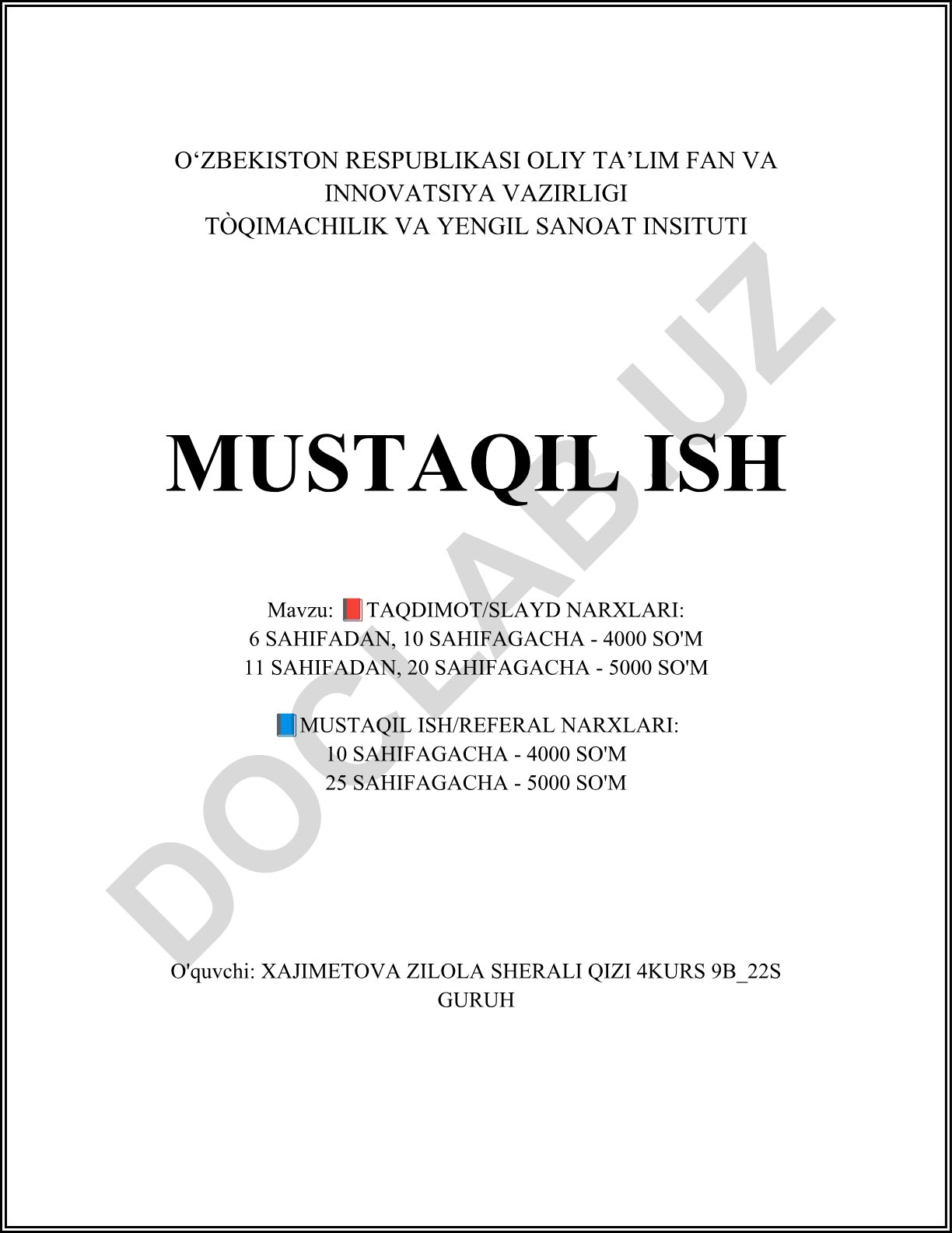 Taqdimot va mustaqil ishlar narxlari