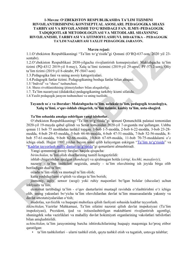 O‘zbekiston Respublikasida ta’lim tizimini rivojlantirishning kontseptual asoslari