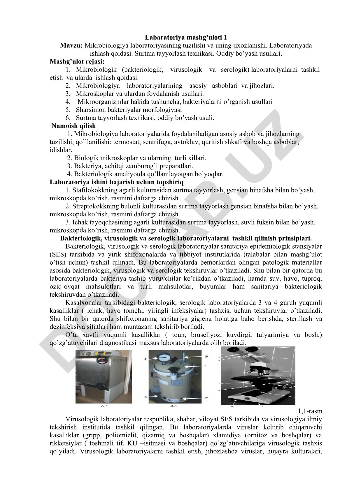 Mikrobiologiya laboratoriyasining tuzilishi va uning jihozlanishi