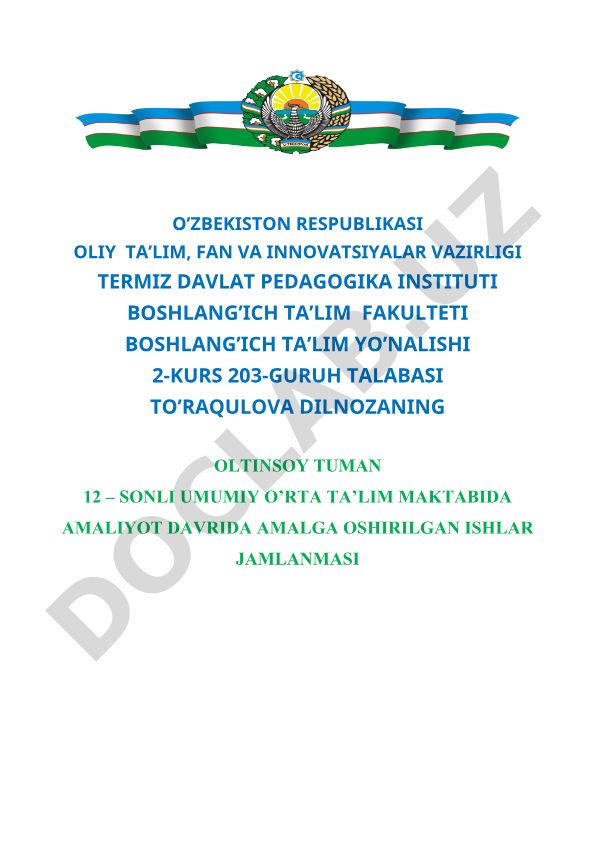 Boshlang'ich ta'lim talabasining amaliyot davri ishlari jamlanmasi