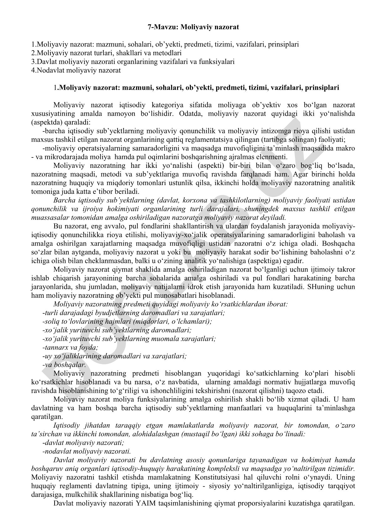 Moliyaviy nazorat: mazmuni, sohalari, ob’yekti, predmeti, tizimi, vazifalari, prinsiplari