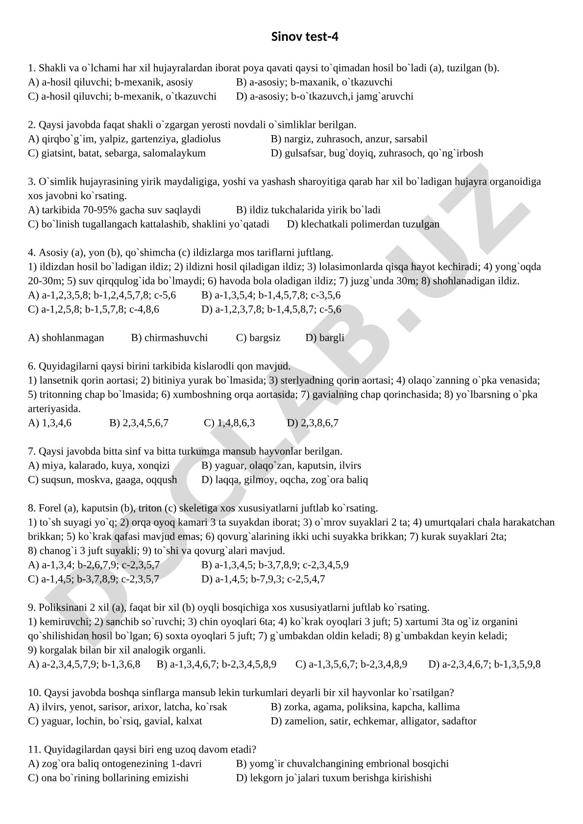 O'simlik to'qimalari, poyasi va ildizi haqida test savollari