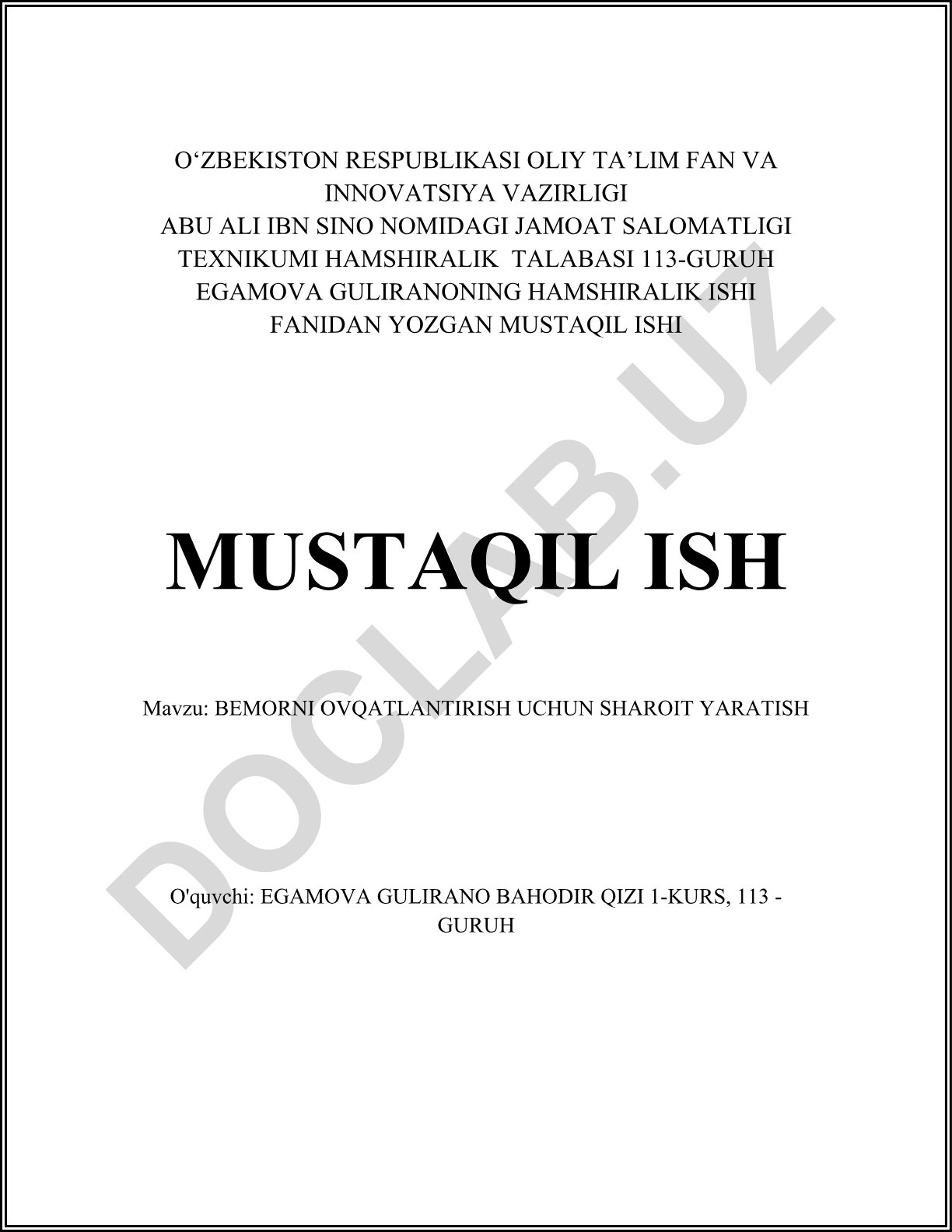 Bemorni ovqatlantirish uchun sharoit yaratish