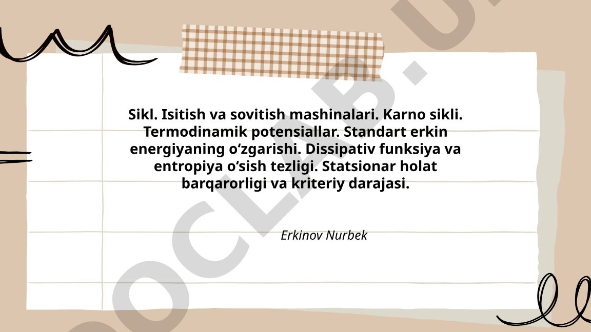 Sikl, isitish va sovitish mashinalari, Karno sikli va termodinamik potensiallar