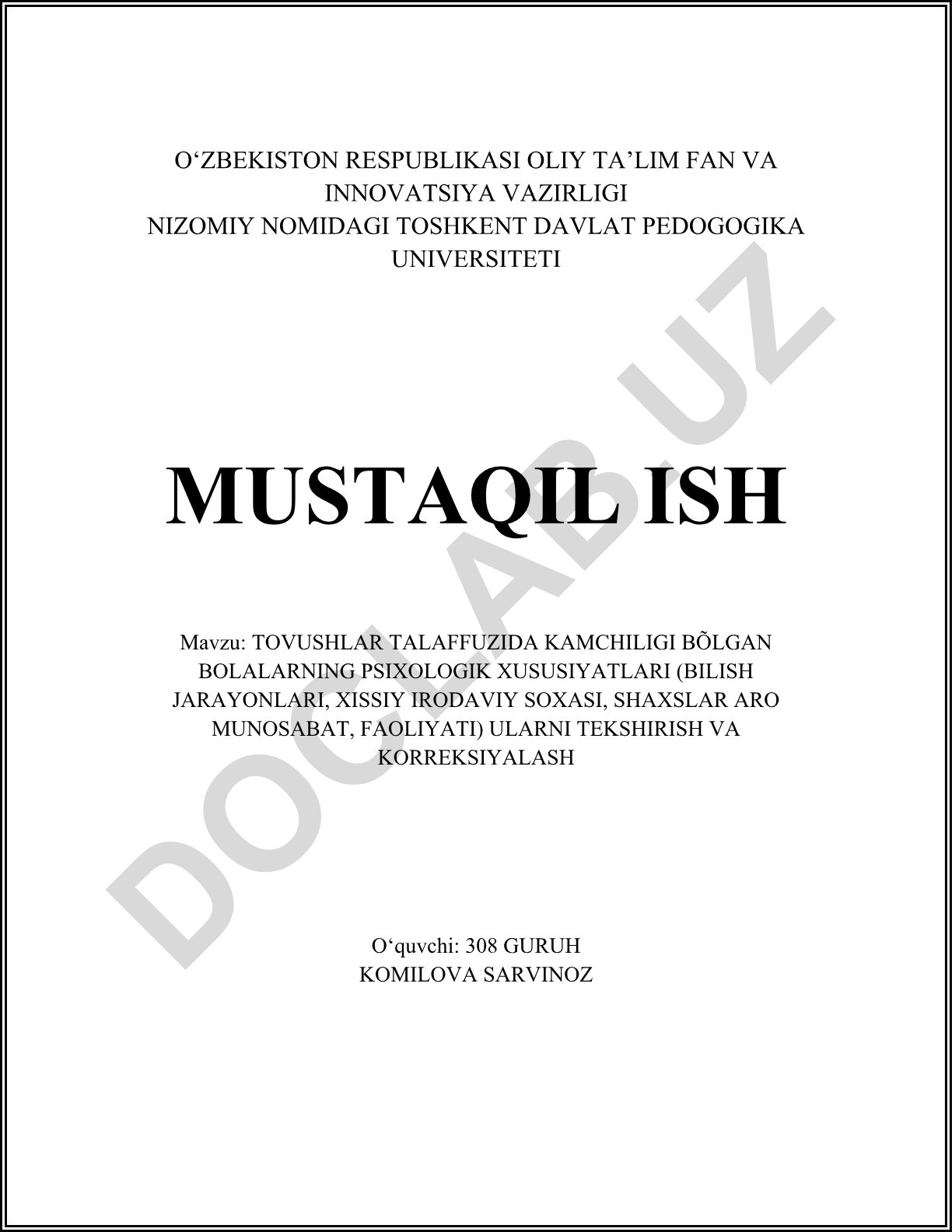 Tovushlar talaffuzida kamchiligi bo'lgan bolalarning psixologik xususiyatlari