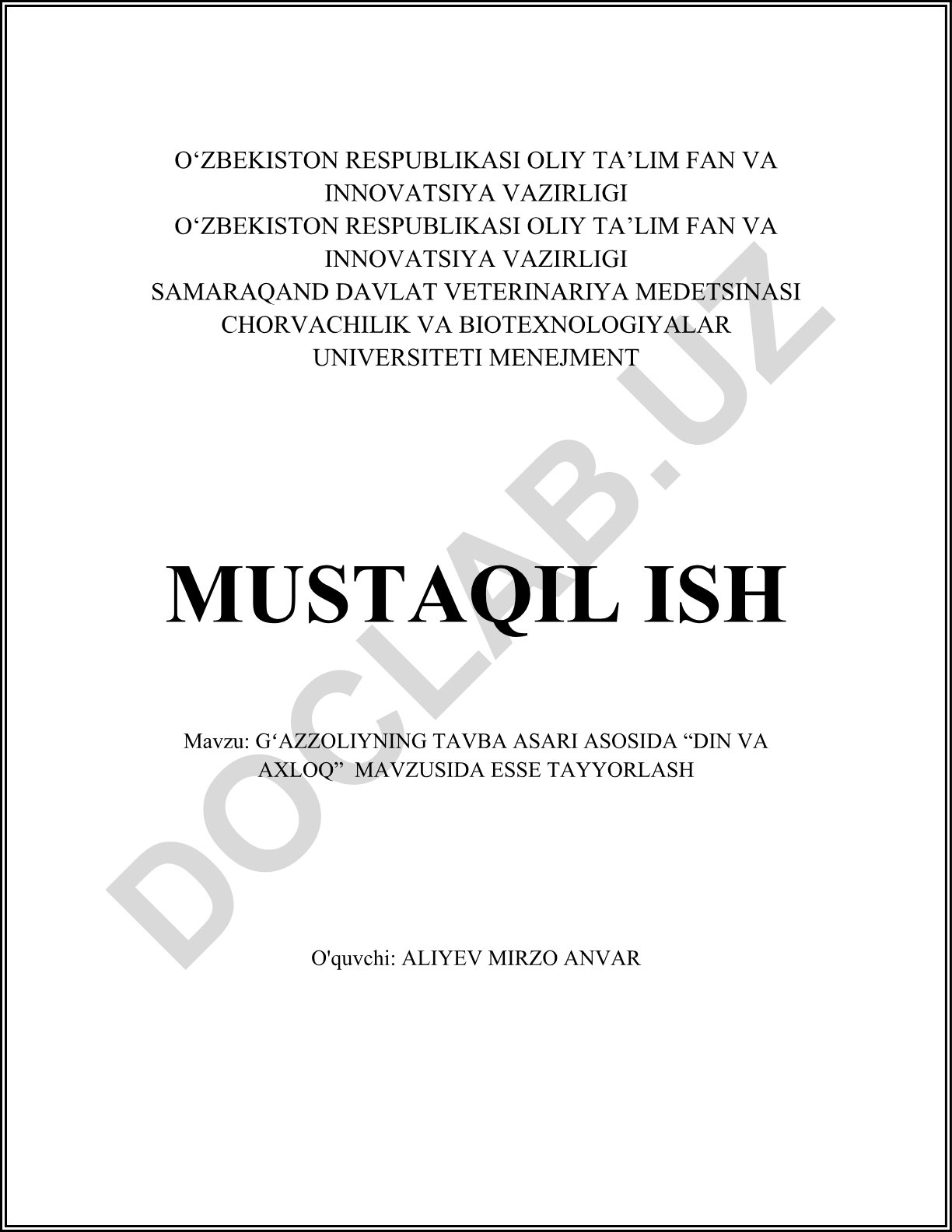 Gʻazzoliyning Tavba asari asosida “Din va axloq” mavzusida esse