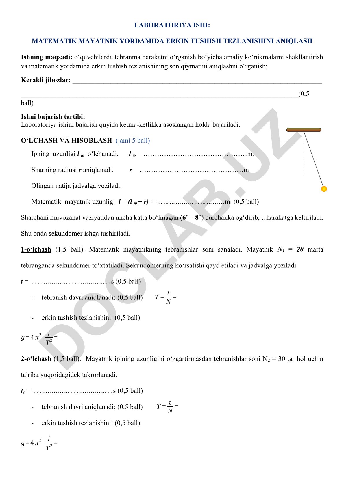 Matematik mayatnik yordamida erkin tushish tezlanishini aniqlash