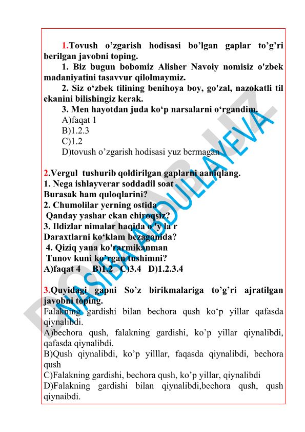 O'zbek tili test savollari va topshiriqlari