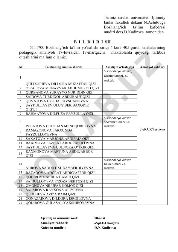 Boshlang'ich ta'lim yo'nalishi talabalarining pedagogik amaliyoti tartibi
