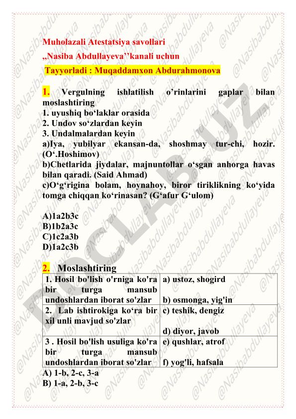 O'zbek tili muholazali atestatsiya savollari