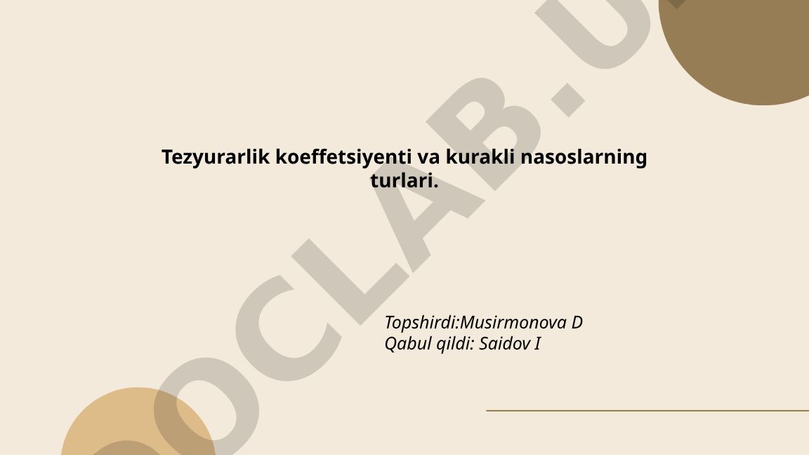 Tezyurarlik koeffetsiyenti va kurakli nasoslarning turlari