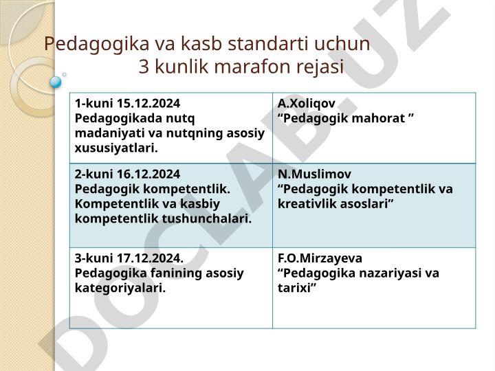 Pedagogika va kasb standarti uchun 3 kunlik marafon rejasi