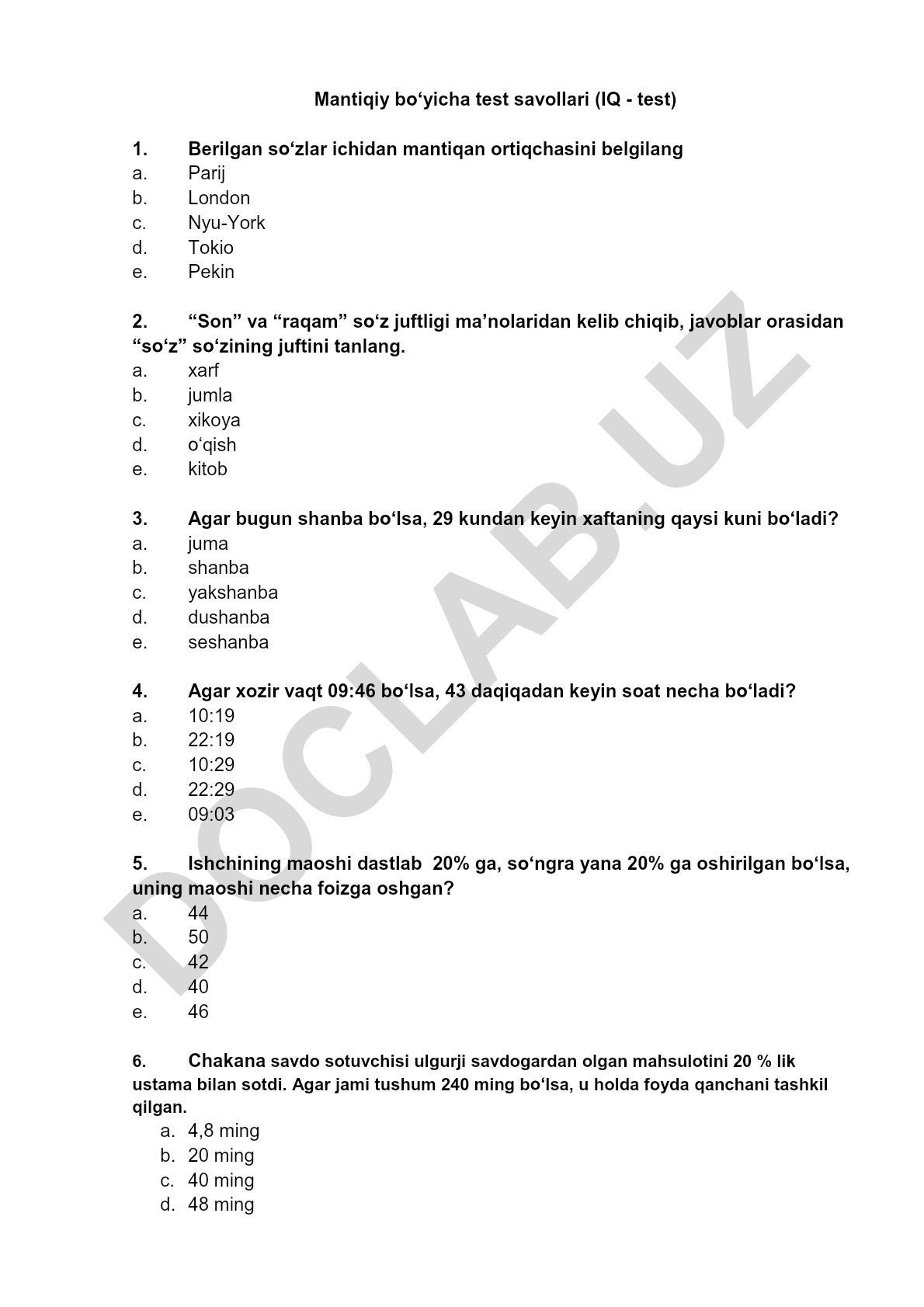 Mantiqiy bo'yicha test savollari (IQ test)