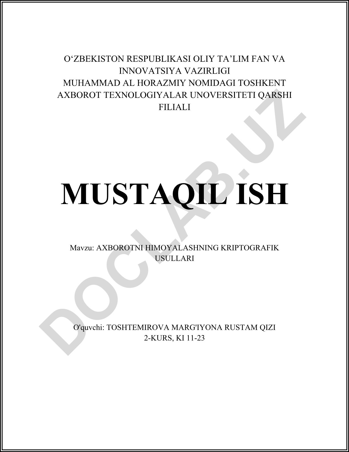 Axborotni himoyalashning kriptografik usullari