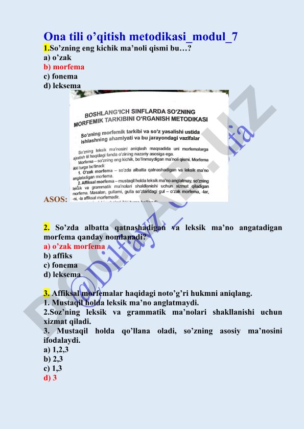 Ona tili o'qitish metodikasi modul 7 test savollari