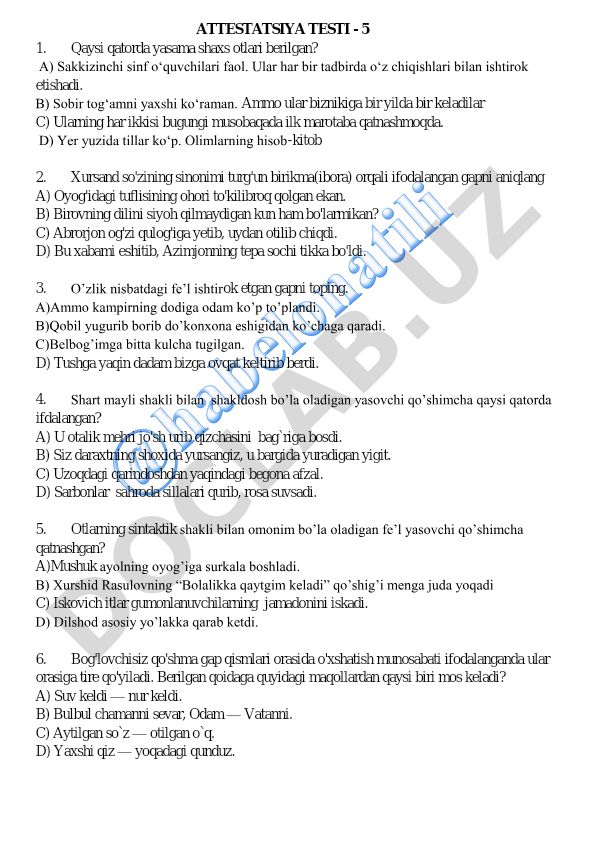 Ona tili attestatsiya test savollari