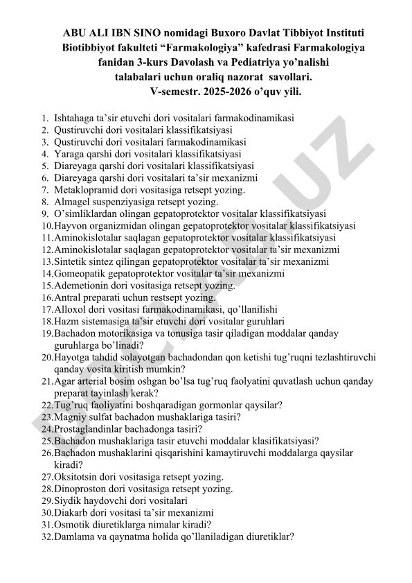 Farmakologiya fanidan oraliq nazorat savollari