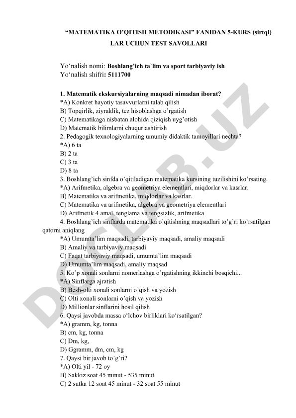 Matematika o'qitish metodikasi fanidan test savollari