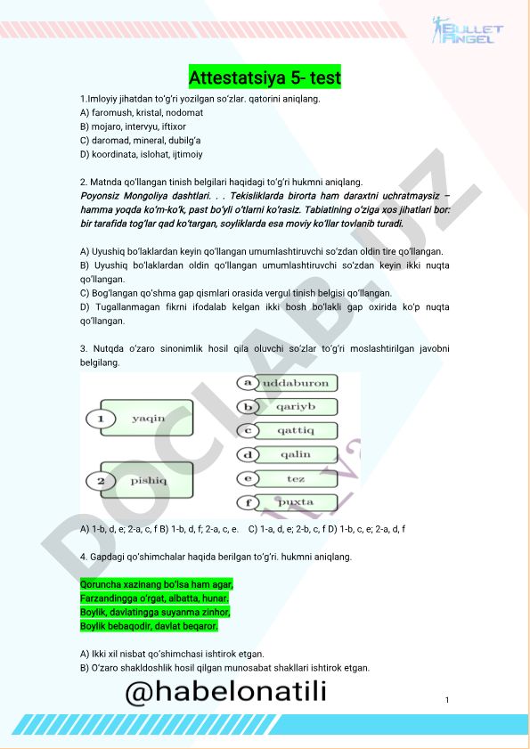 O'zbek tili attestatsiya test savollari