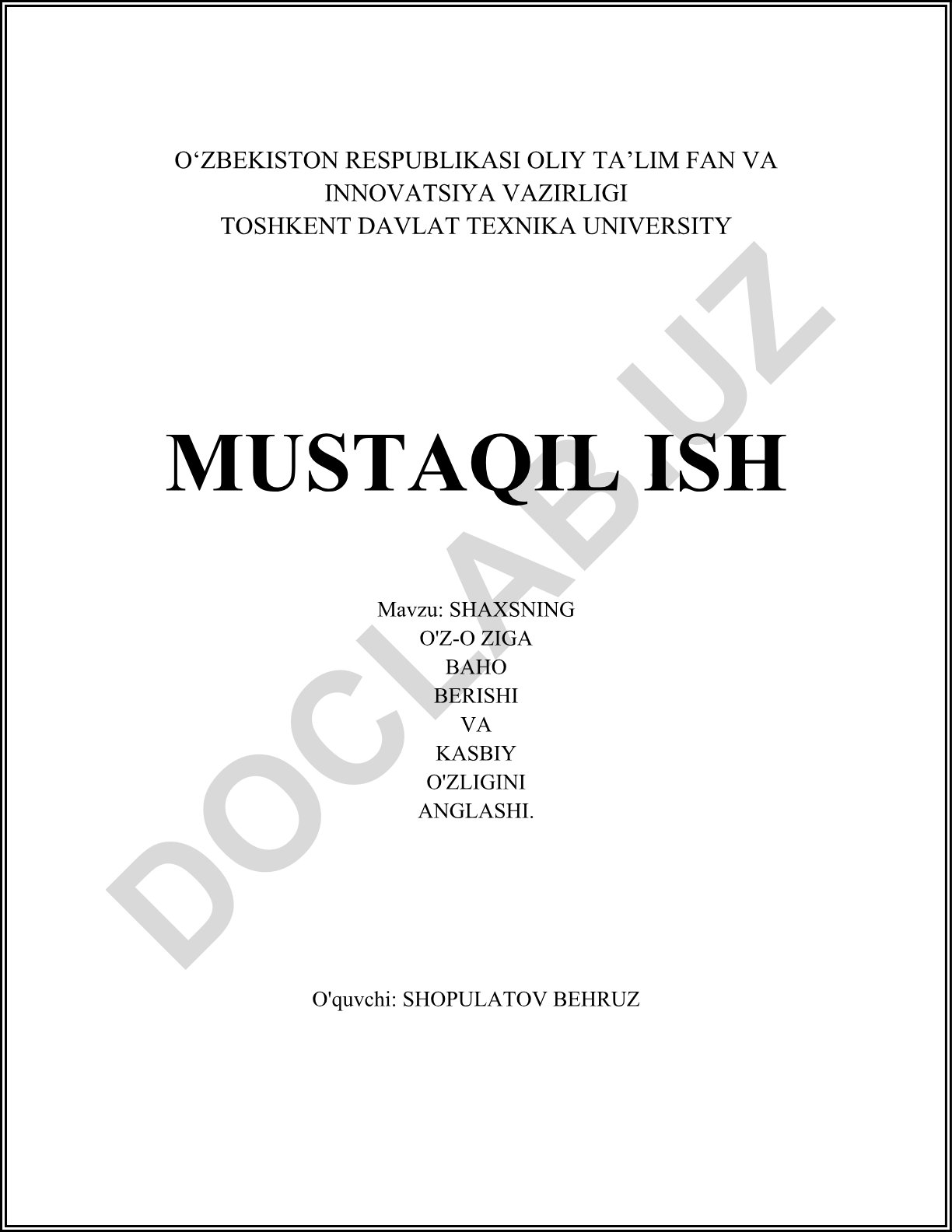 Shaxsning o'z-o'ziga baho berishi va kasbiy o'zlashini anglashi