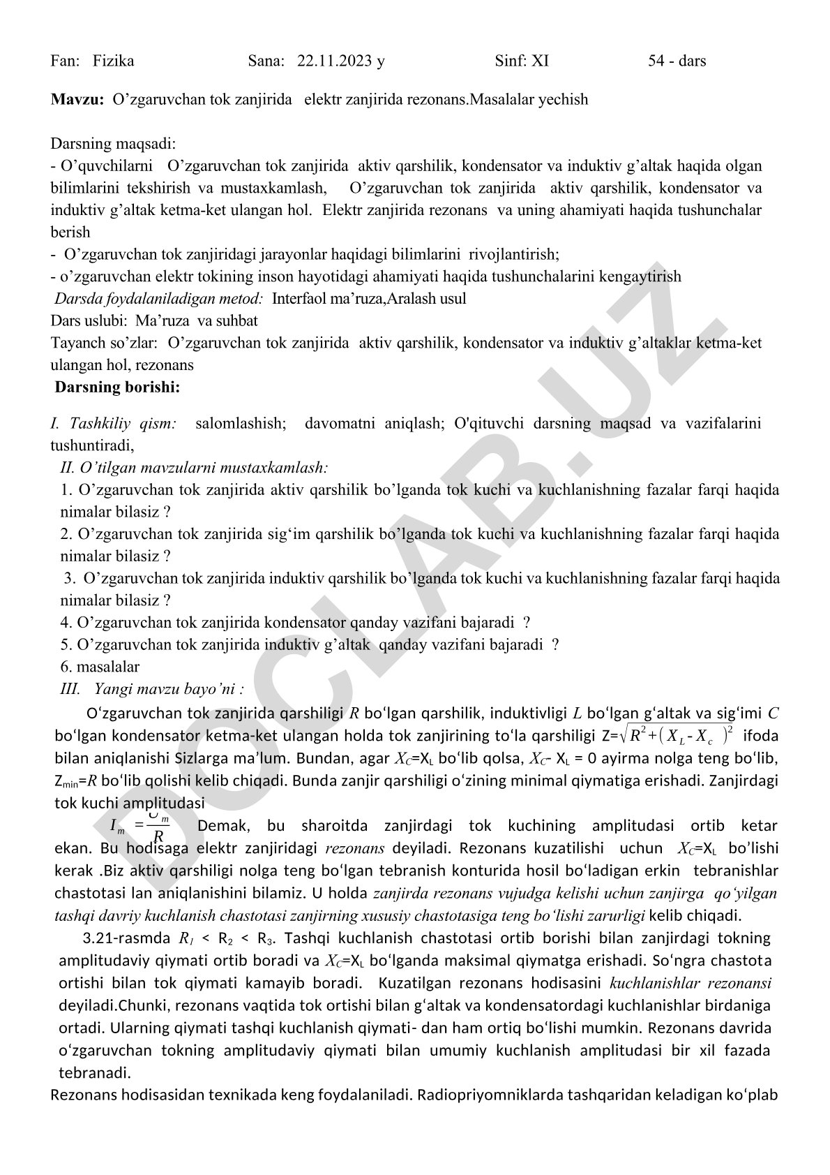 O’zgaruvchan tok zanjirida elektr zanjirida rezonans