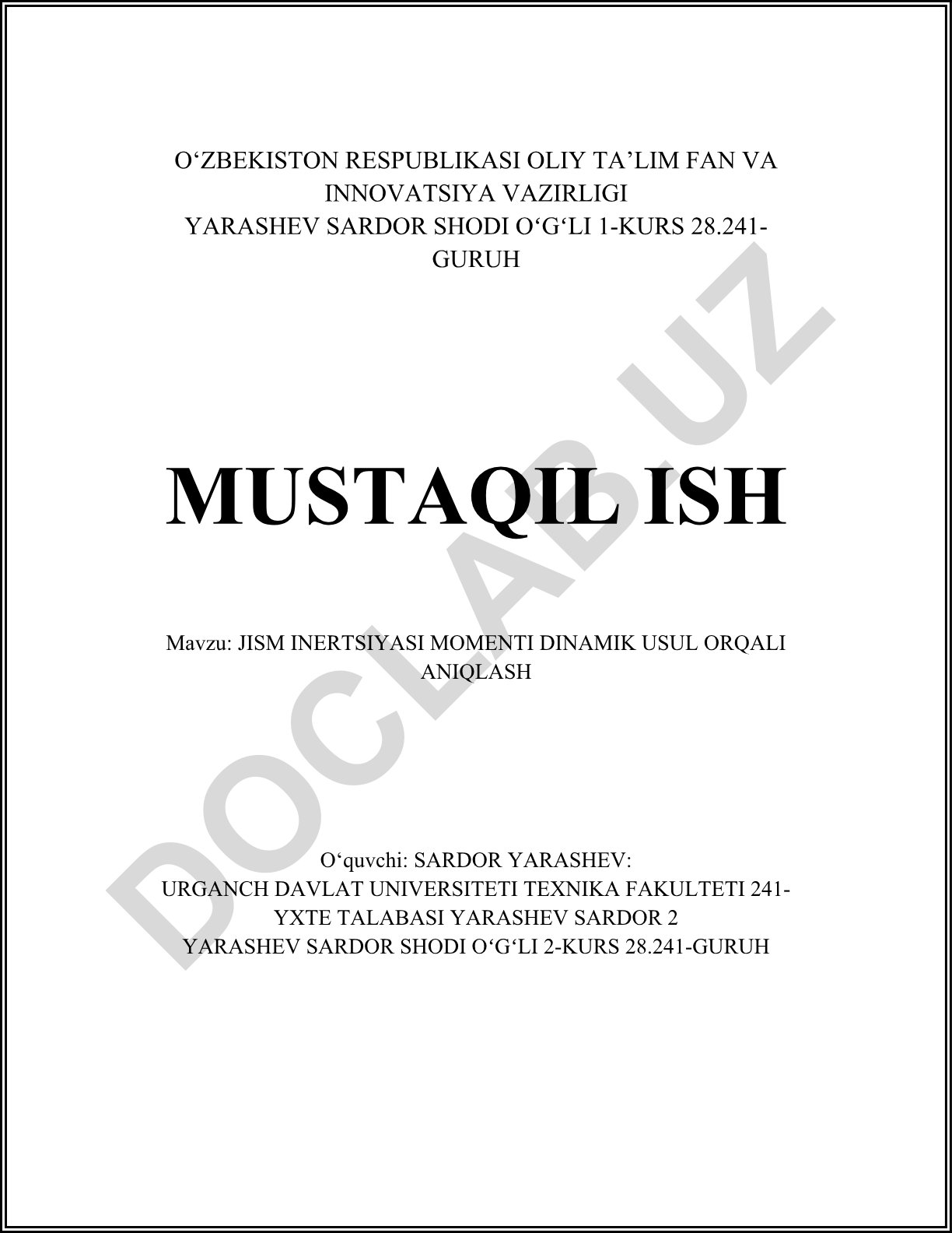 Jism inersiya momenti dinamik usul orqali aniqlash