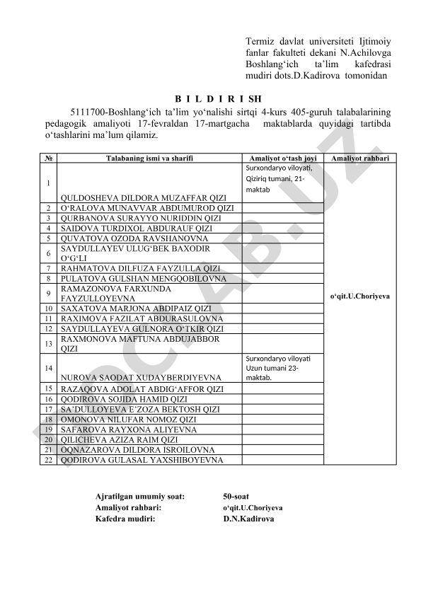 Boshlang'ich ta'lim yo'nalishi talabalarining pedagogik amaliyoti tartibi