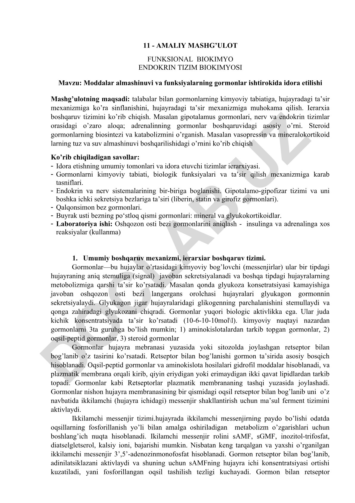 Moddalar almashinuvi va funksiyalarning gormonlar ishtirokida idora etilishi