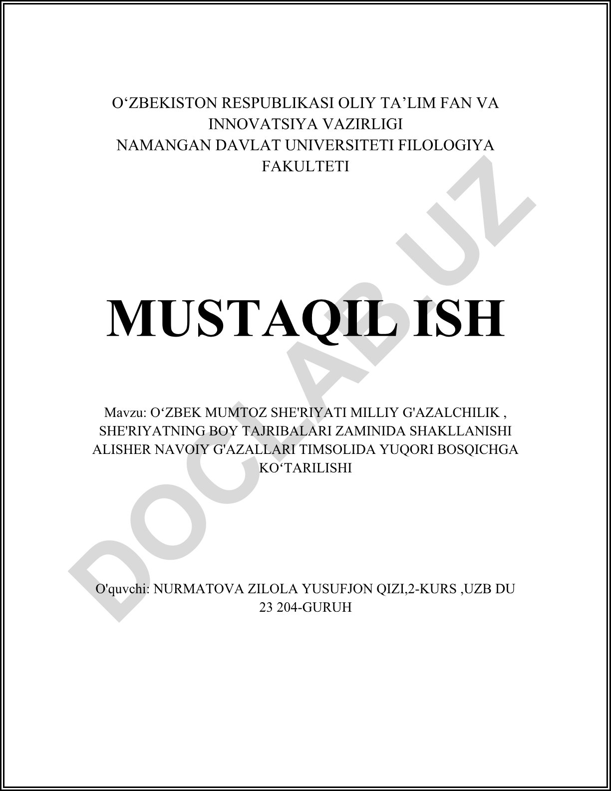 Oʻzbek mumtoz she'riyati milliy gʻazalchilik, she'riyatning boy tajribalari zaminida shakllanishi Alisher Navoiy gʻazallari timsolida yuqori bosqichga koʻtarilishi