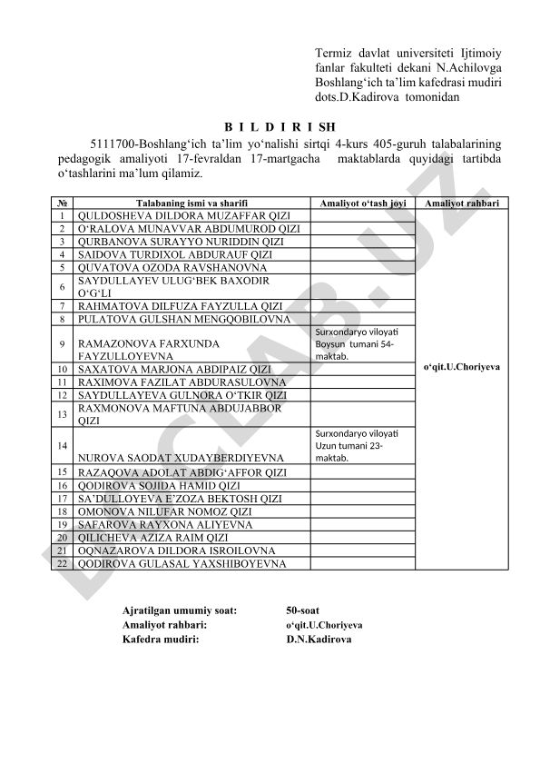Boshlang'ich ta'lim yo'nalishi talabalarining pedagogik amaliyoti tartibi