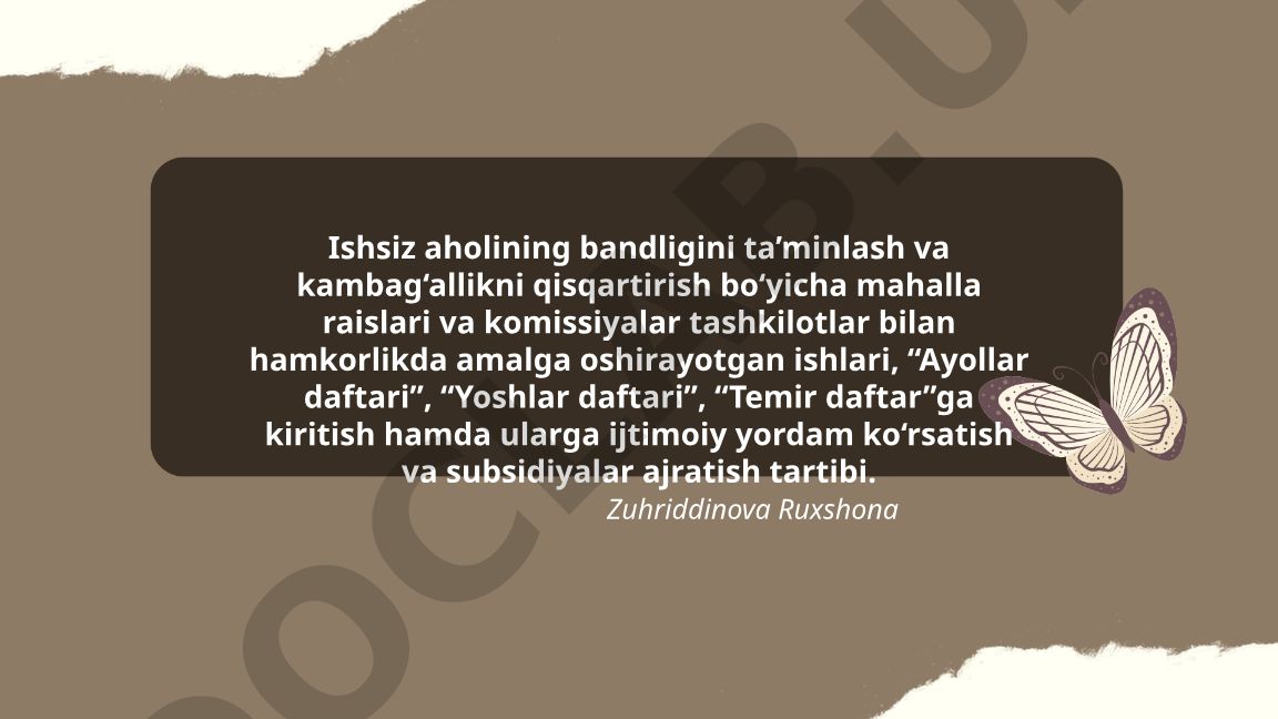 Ishsiz aholining bandligini ta’minlash va kambag‘allikni qisqartirish bo‘yicha mahalla raislari va komissiyalar tashkilotlar bilan hamkorlikda amalga oshirayotgan ishlari