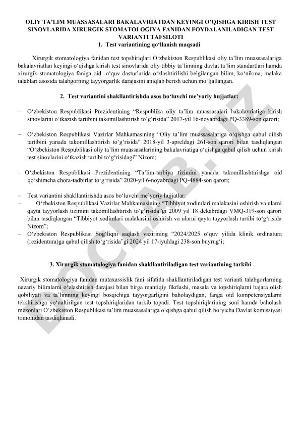 Xirurgik stomatologiya fanidan test variantlari tafsiloti