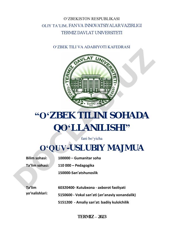 O‘zbek tilini sohada qo‘llanilishi fanining o‘quv-uslubiy majmuasi