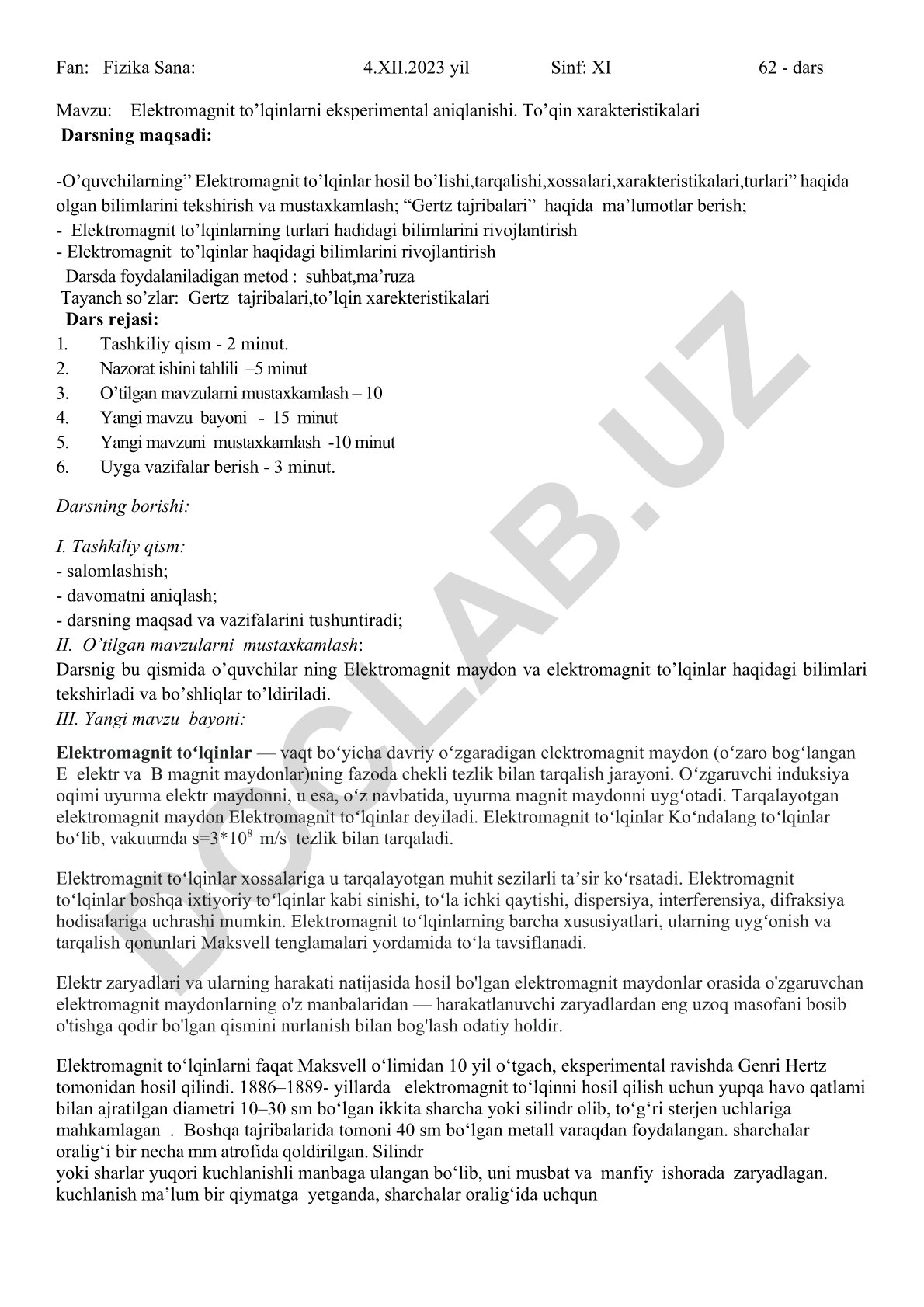 Elektromagnit to’lqinlarni eksperimental aniqlanishi. To’lqin xarakteristikalari