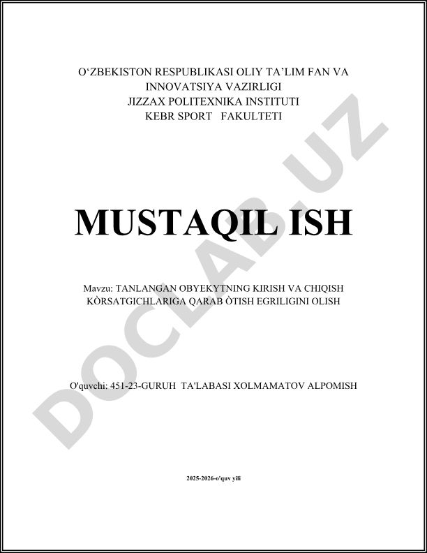 Tanlangan obyektning kirish va chiqish ko'rsatkichlariga qarab o'tish egri chizig'ini olish