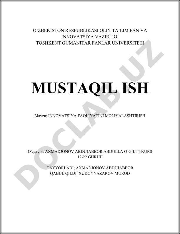 Innovatsiya faoliyatini moliyalashtirish