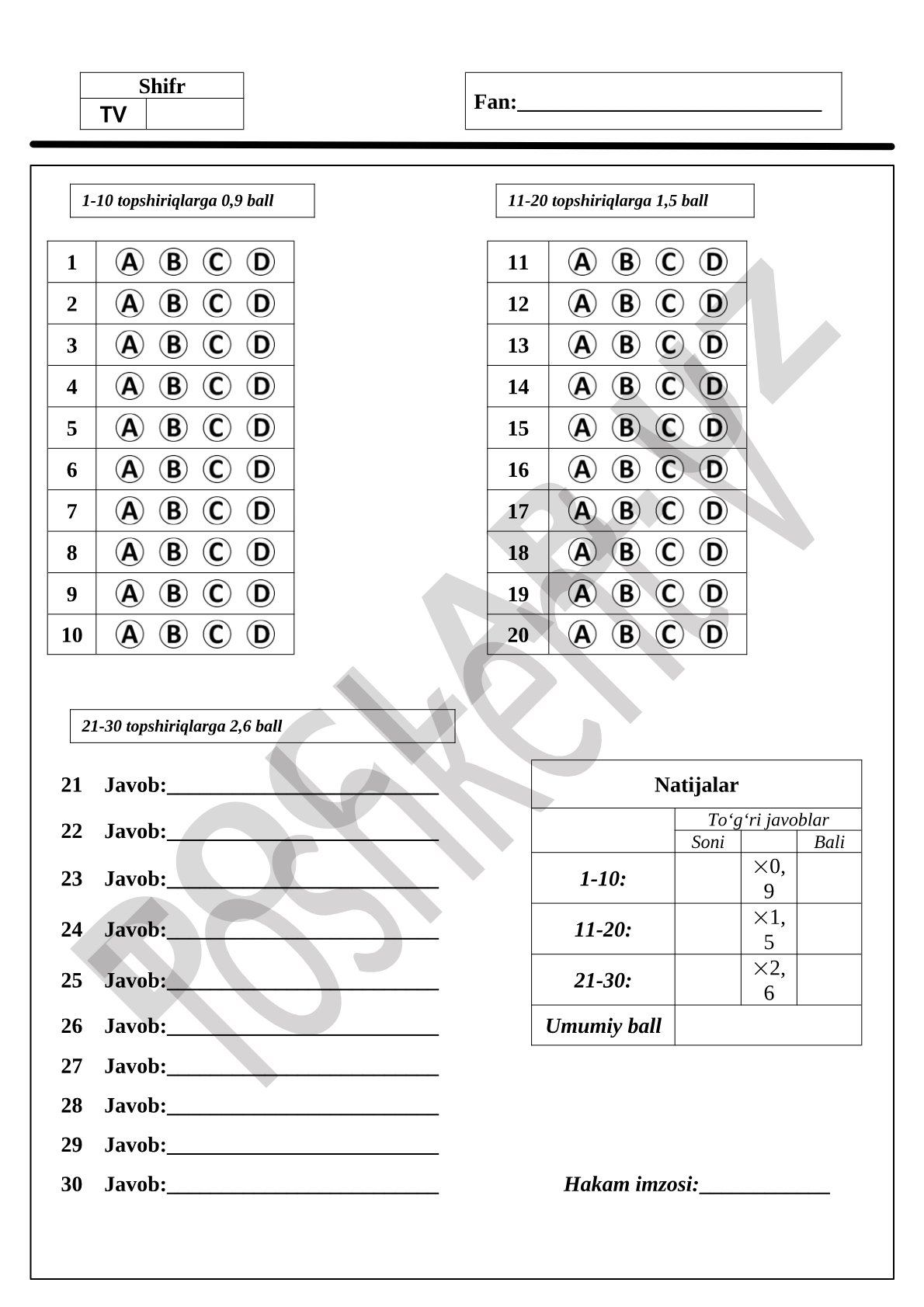 Test topshiriqlari uchun javoblar varaqasi
